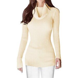 Women’s Cowl Neck Light Yellow Stretchable Knit Long Sleeve Bodycon Sexy Sweater